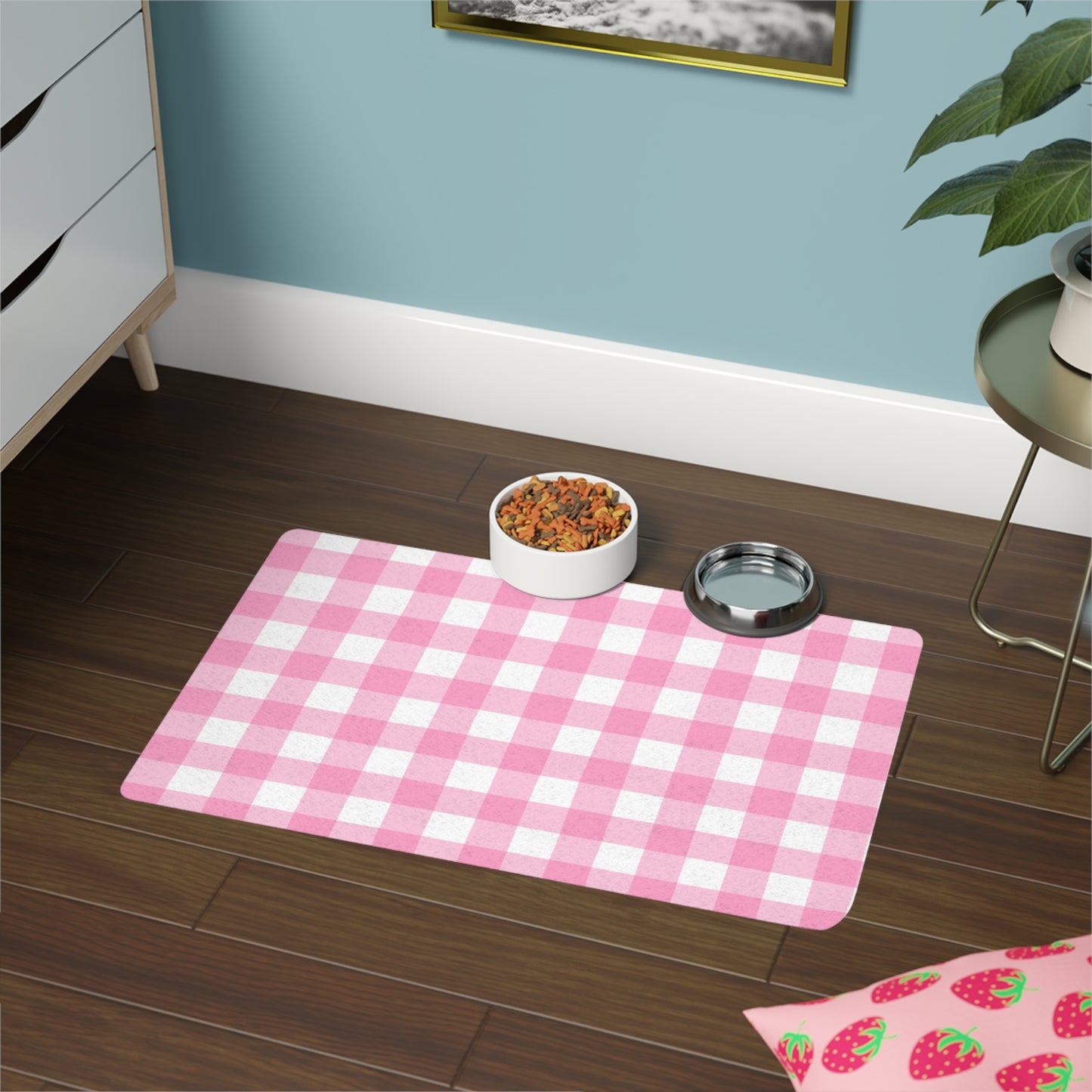 Pet Food Mat – Pink Gingham (12x18)